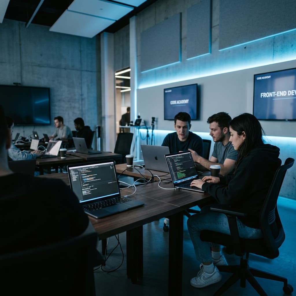 Alpha Academy frontend students coding together