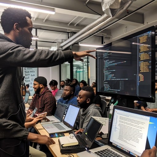 Mentor reviewing code with students